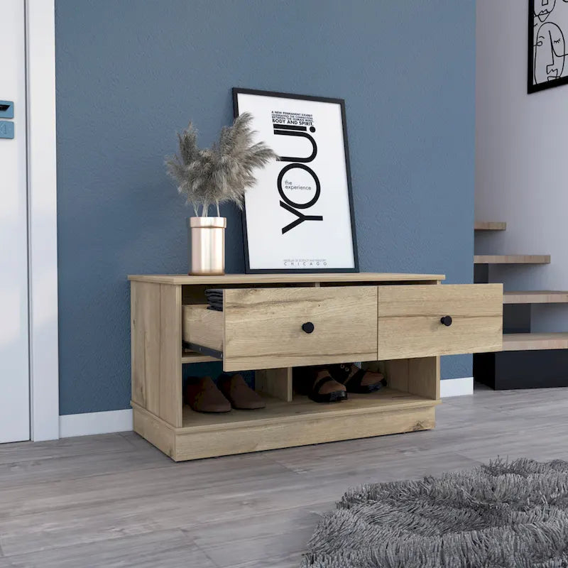 Storage Bench, Lower Shelf, Two Drawers, Light Oak Finish
