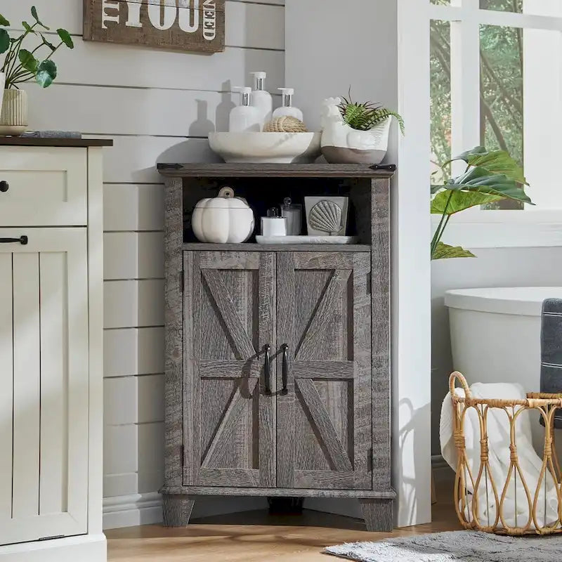 Farmhouse Corner Bathroom Cabinet with Barn Door