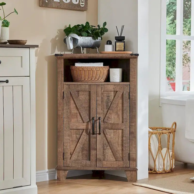 Farmhouse Corner Bathroom Cabinet with Barn Door