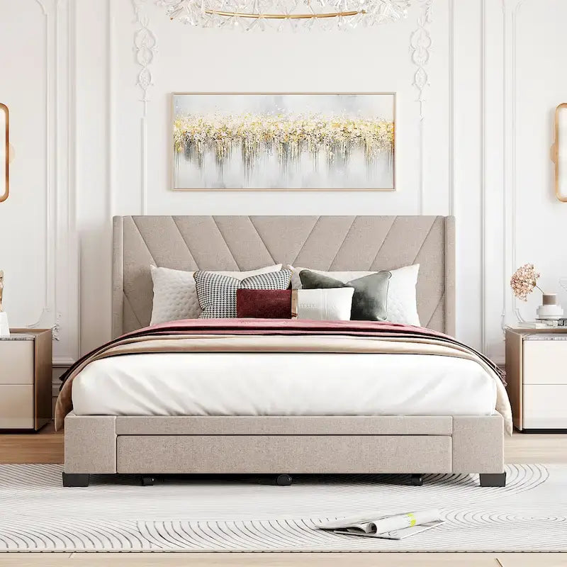 Queen Size Linen Upholstered Platform Bed with 3 Drawers and Storage