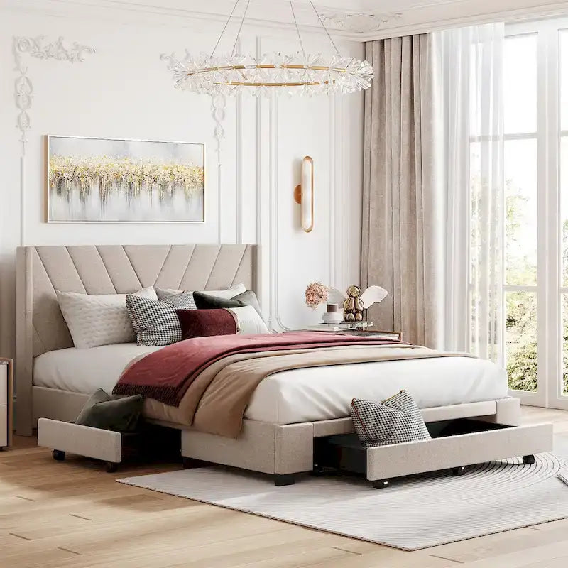 Queen Size Linen Upholstered Platform Bed with 3 Drawers and Storage