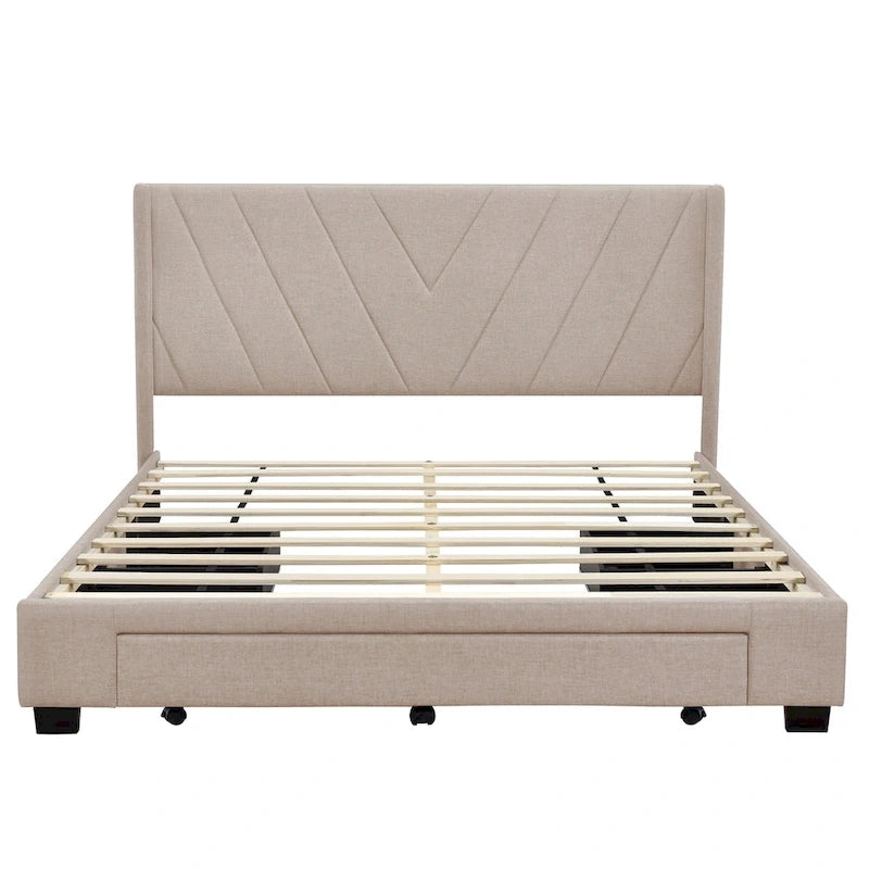 Queen Size Linen Upholstered Platform Bed with 3 Drawers and Storage