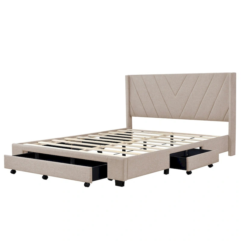 Queen Size Linen Upholstered Platform Bed with 3 Drawers and Storage