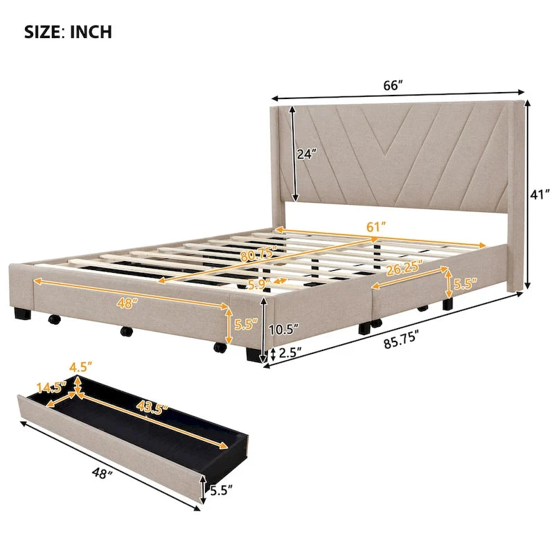 Queen Size Linen Upholstered Platform Bed with 3 Drawers and Storage