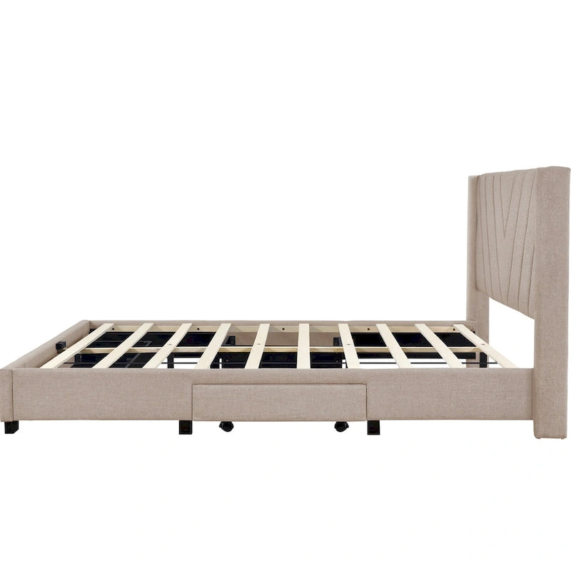 Queen Size Linen Upholstered Platform Bed with 3 Drawers and Storage