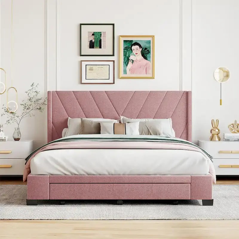 Queen Size Linen Upholstered Platform Bed with 3 Drawers and Storage