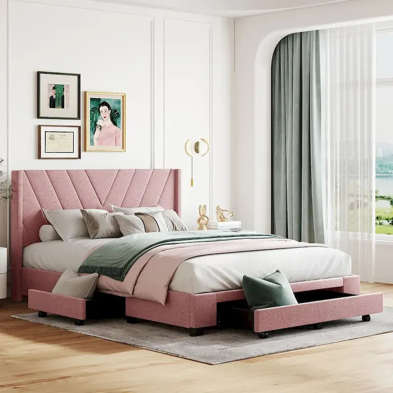 Queen Size Linen Upholstered Platform Bed with 3 Drawers and Storage