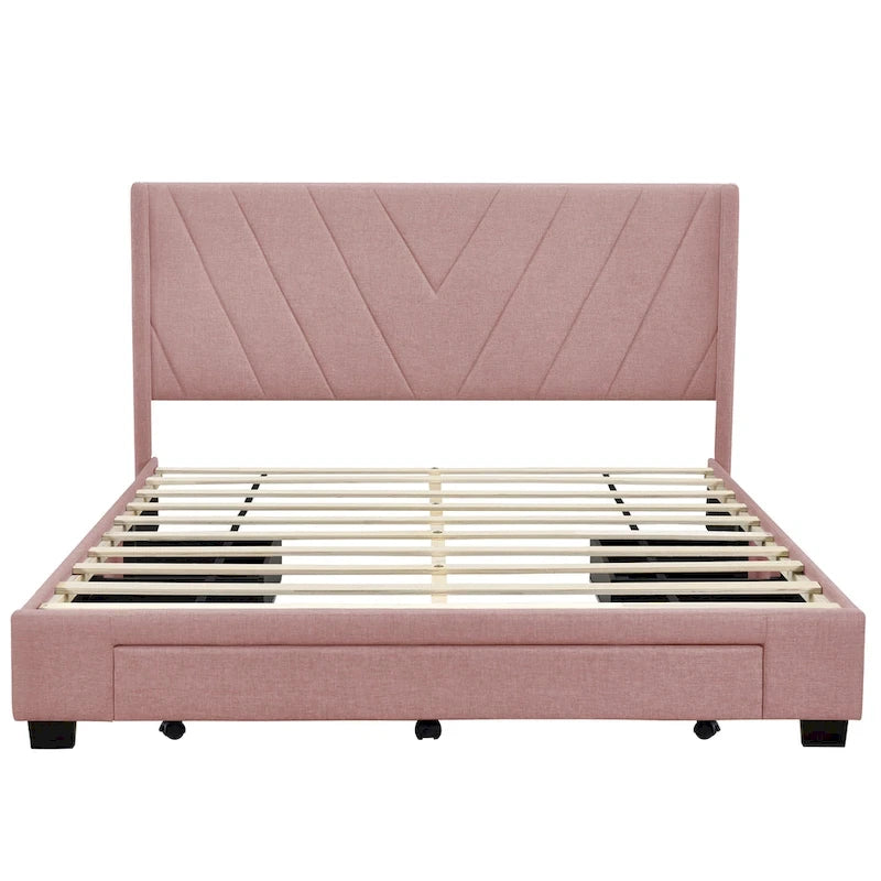 Queen Size Linen Upholstered Platform Bed with 3 Drawers and Storage