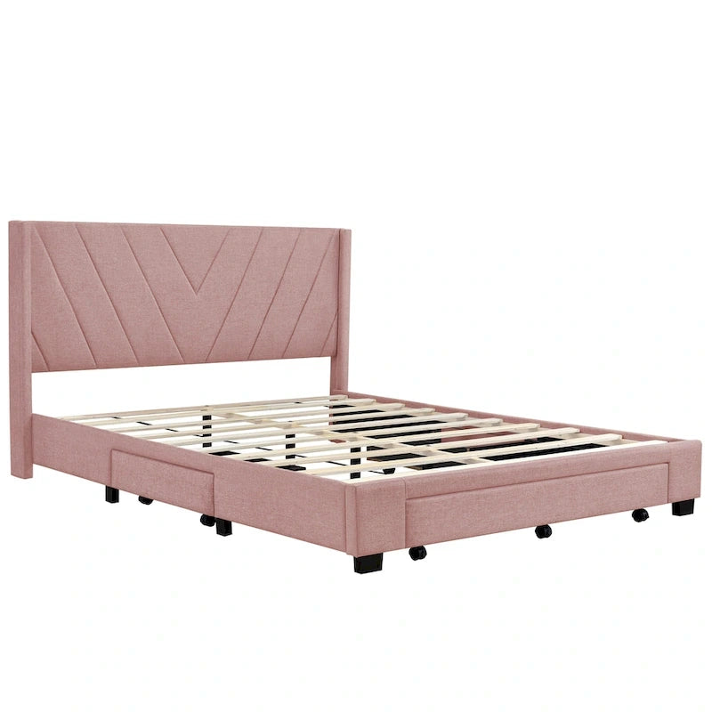 Queen Size Linen Upholstered Platform Bed with 3 Drawers and Storage