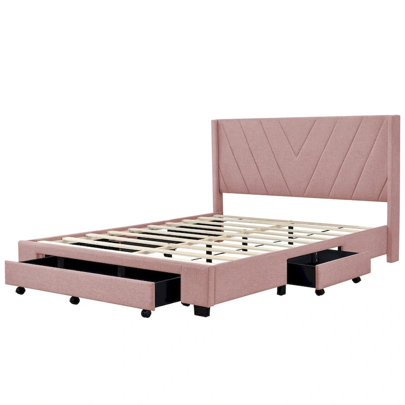 Queen Size Linen Upholstered Platform Bed with 3 Drawers and Storage