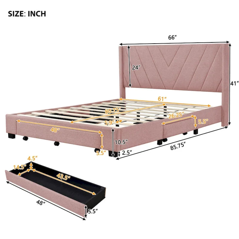 Queen Size Linen Upholstered Platform Bed with 3 Drawers and Storage