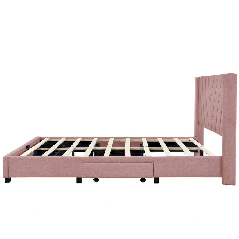 Queen Size Linen Upholstered Platform Bed with 3 Drawers and Storage