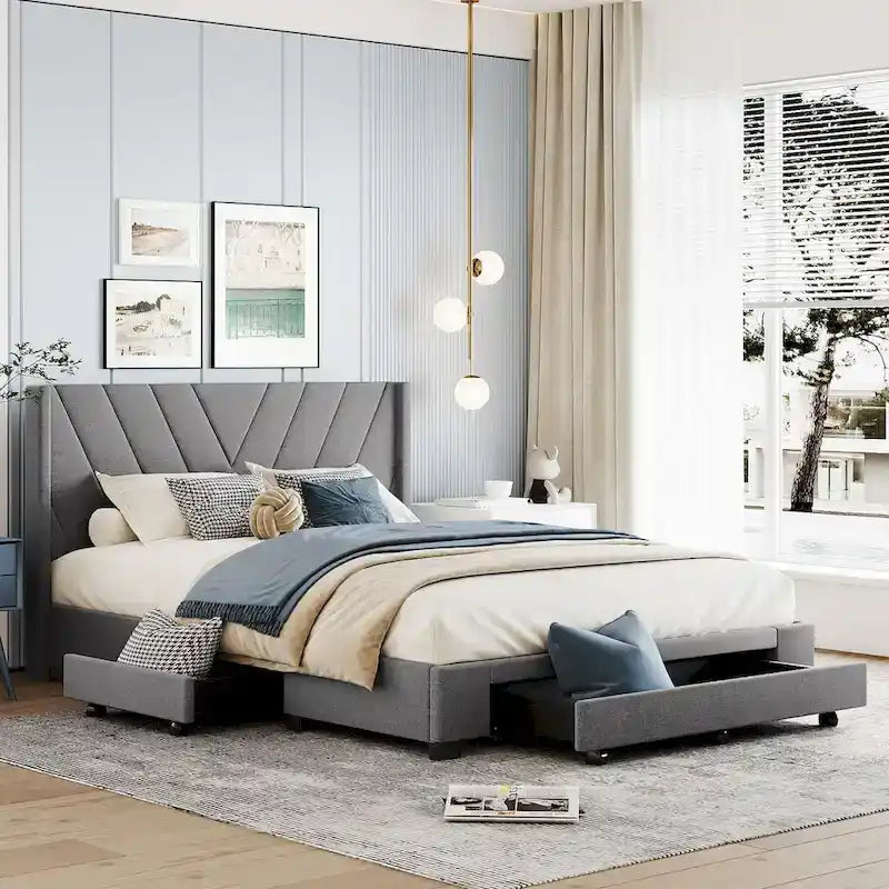 Queen Size Linen Upholstered Platform Bed with 3 Drawers and Storage