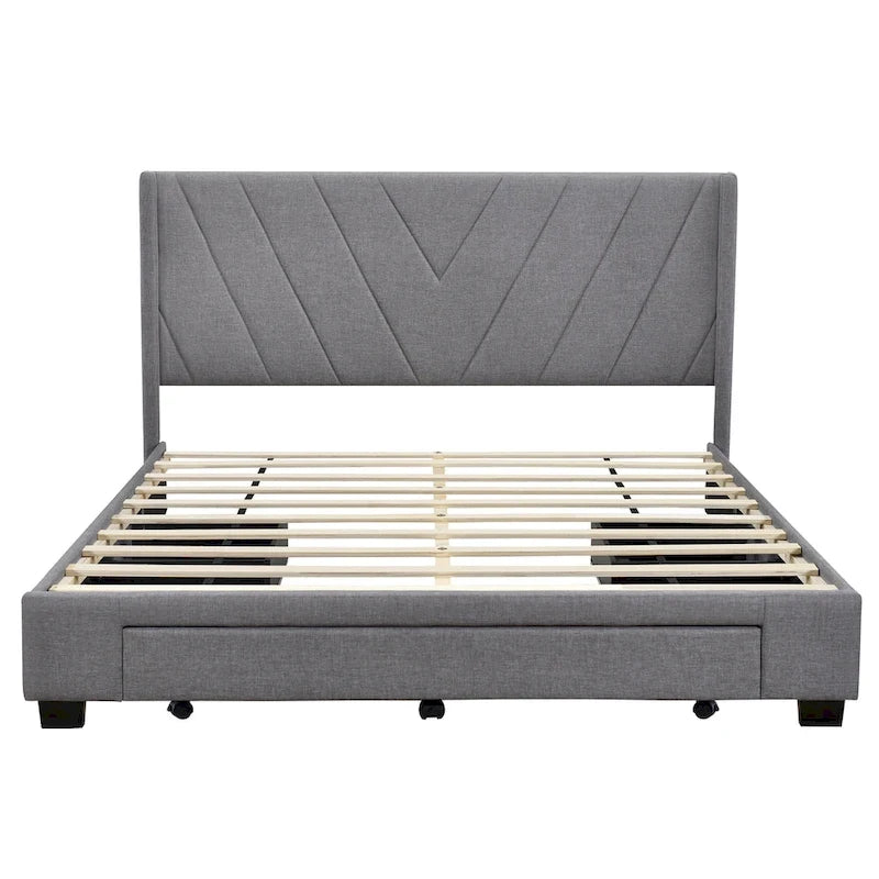 Queen Size Linen Upholstered Platform Bed with 3 Drawers and Storage