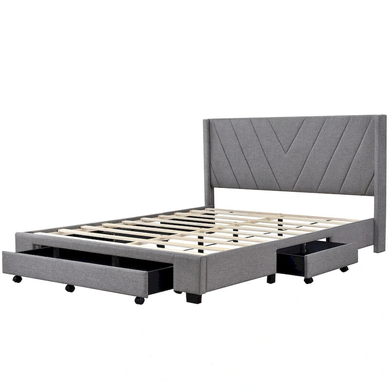 Queen Size Linen Upholstered Platform Bed with 3 Drawers and Storage