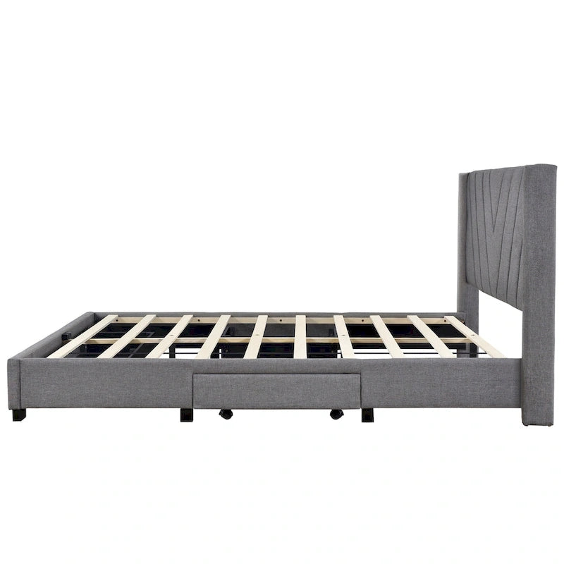 Queen Size Linen Upholstered Platform Bed with 3 Drawers and Storage