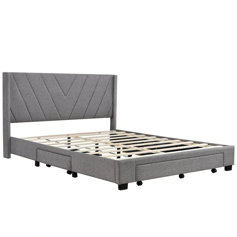 Queen Size Linen Upholstered Platform Bed with 3 Drawers and Storage