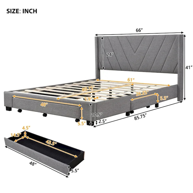 Queen Size Linen Upholstered Platform Bed with 3 Drawers and Storage