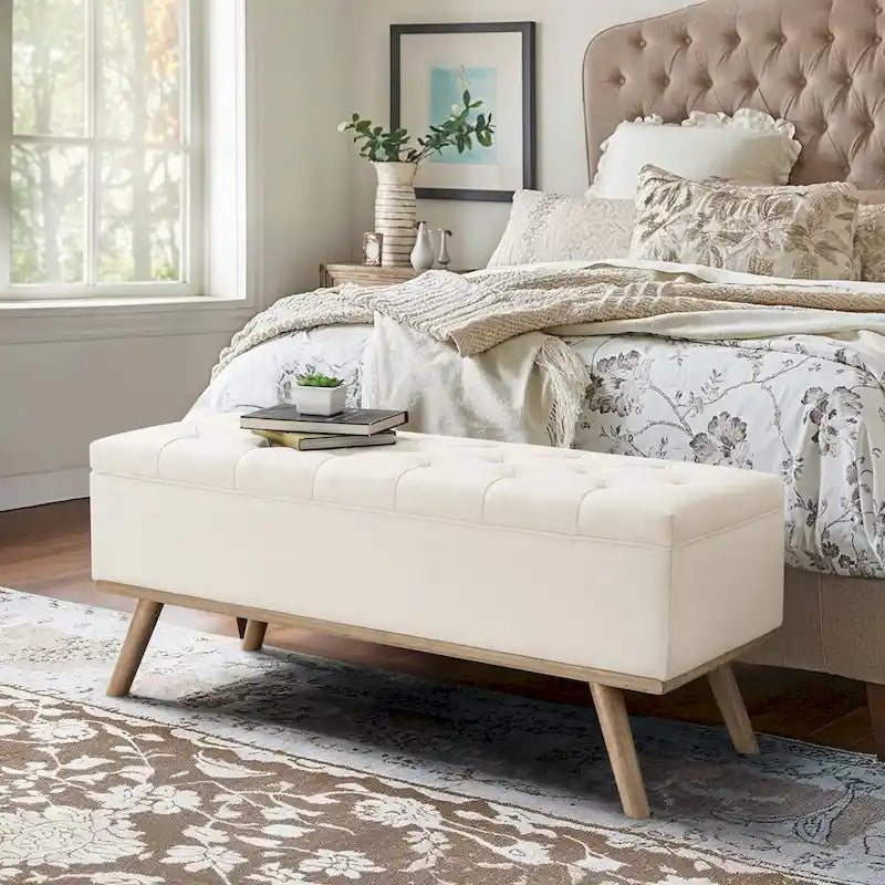Čalouněná úložná lavice/otoman ve stylu Mid-Century Modern s knoflíky a lněným sedákem