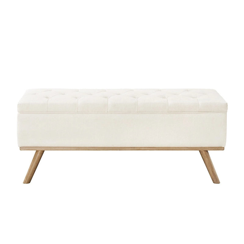 Čalouněná úložná lavice/otoman ve stylu Mid-Century Modern s knoflíky a lněným sedákem