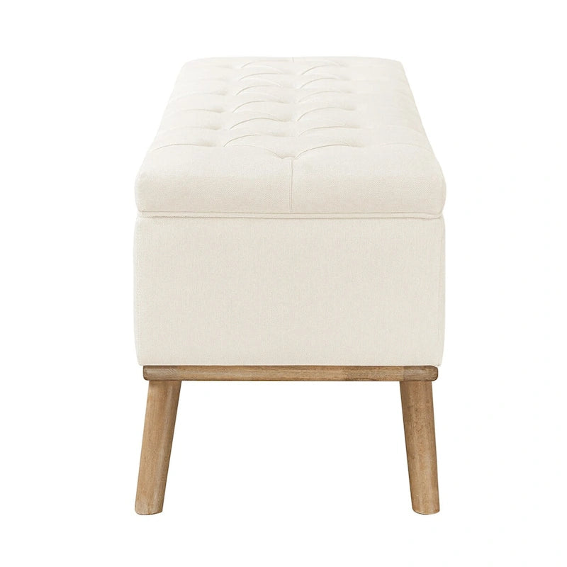 Čalouněná úložná lavice/otoman ve stylu Mid-Century Modern s knoflíky a lněným sedákem