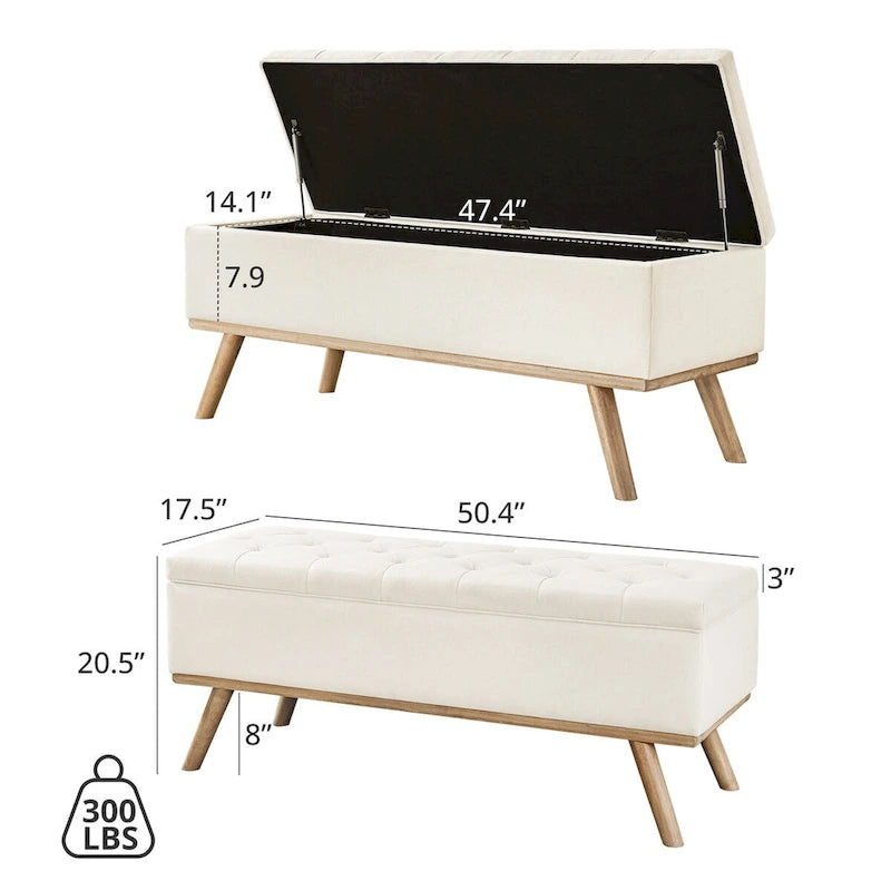 Čalouněná úložná lavice/otoman ve stylu Mid-Century Modern s knoflíky a lněným sedákem