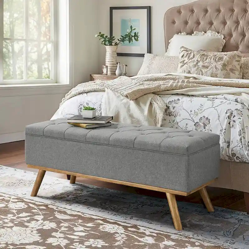 Čalouněná úložná lavice/otoman ve stylu Mid-Century Modern s knoflíky a lněným sedákem