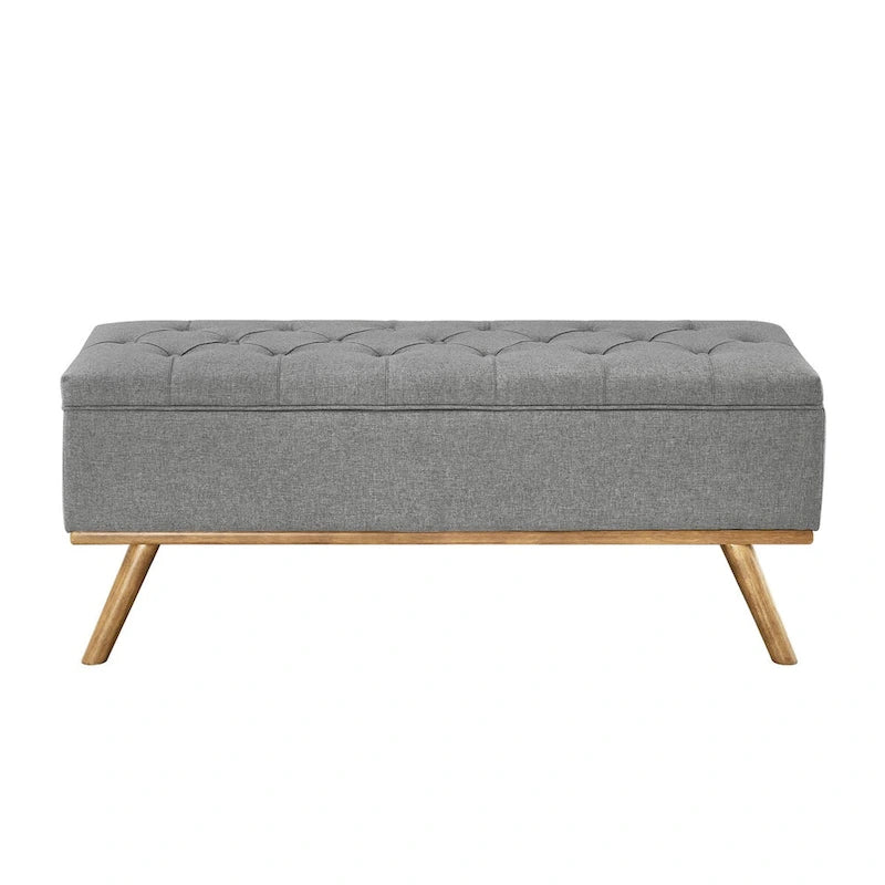 Čalouněná úložná lavice/otoman ve stylu Mid-Century Modern s knoflíky a lněným sedákem