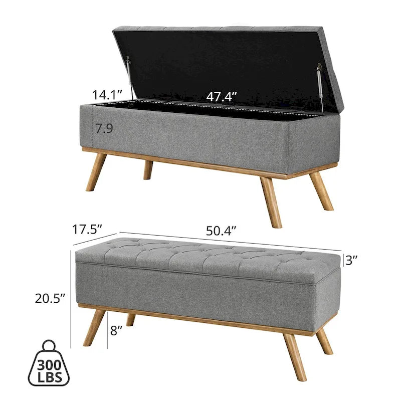 Čalouněná úložná lavice/otoman ve stylu Mid-Century Modern s knoflíky a lněným sedákem