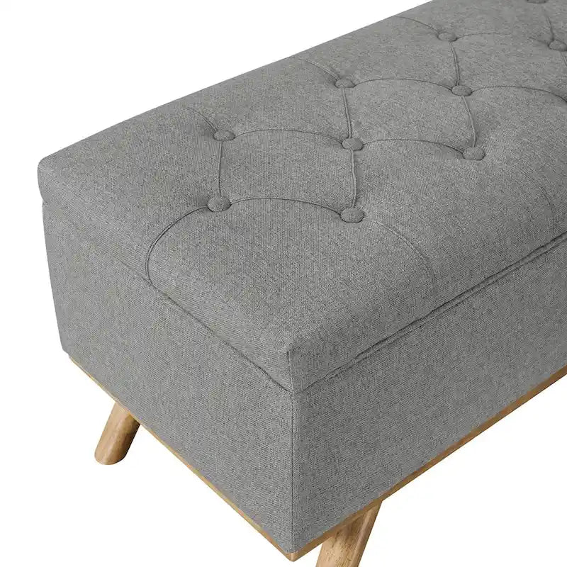 Čalouněná úložná lavice/otoman ve stylu Mid-Century Modern s knoflíky a lněným sedákem