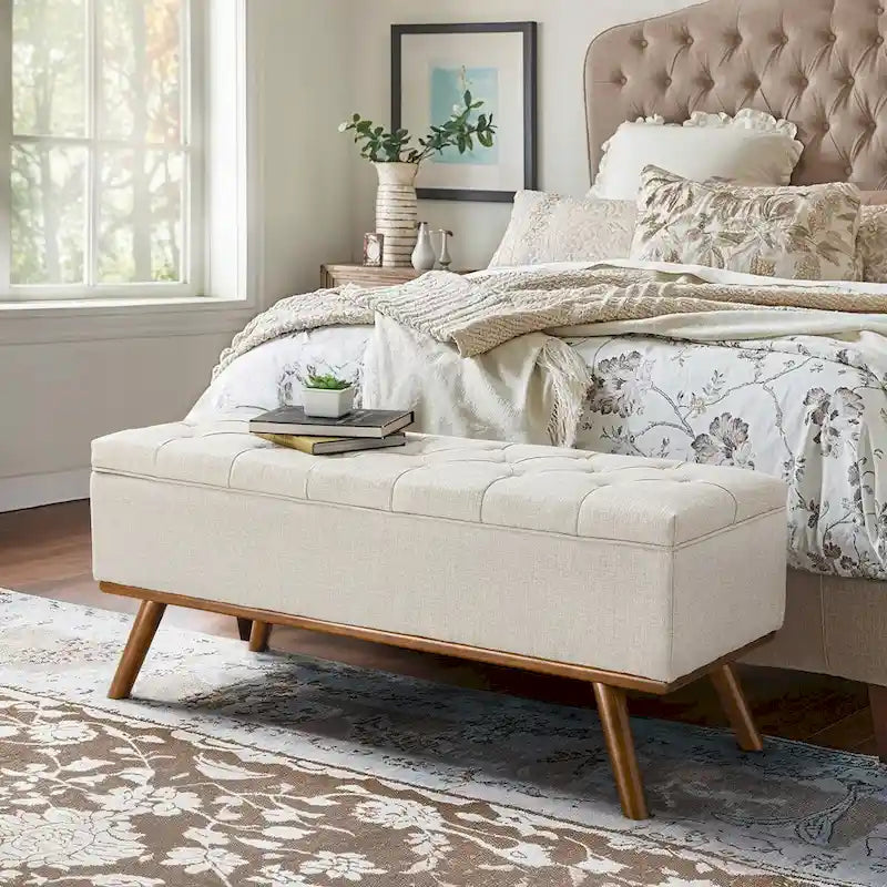 Čalouněná úložná lavice/otoman ve stylu Mid-Century Modern s knoflíky a lněným sedákem