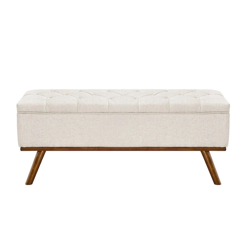 Čalouněná úložná lavice/otoman ve stylu Mid-Century Modern s knoflíky a lněným sedákem