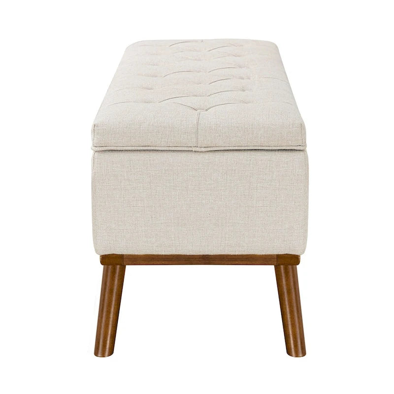 Čalouněná úložná lavice/otoman ve stylu Mid-Century Modern s knoflíky a lněným sedákem