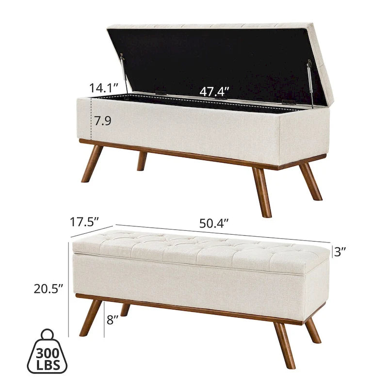 Čalouněná úložná lavice/otoman ve stylu Mid-Century Modern s knoflíky a lněným sedákem