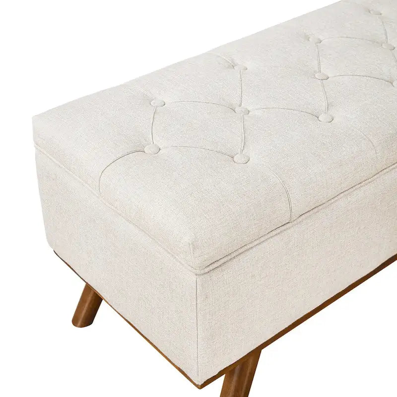 Čalouněná úložná lavice/otoman ve stylu Mid-Century Modern s knoflíky a lněným sedákem