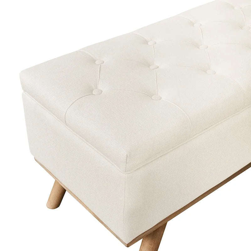 Čalouněná úložná lavice/otoman ve stylu Mid-Century Modern s knoflíky a lněným sedákem