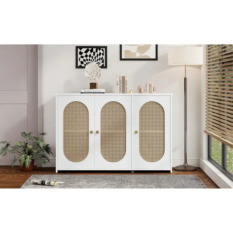 Rattan Doors and Metal Handles Sideboard with Large Storage Space